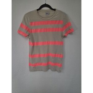 ASOS Women XS Striped Crew Neck T-Shirt Beige Neon Pink Casual Tee Top